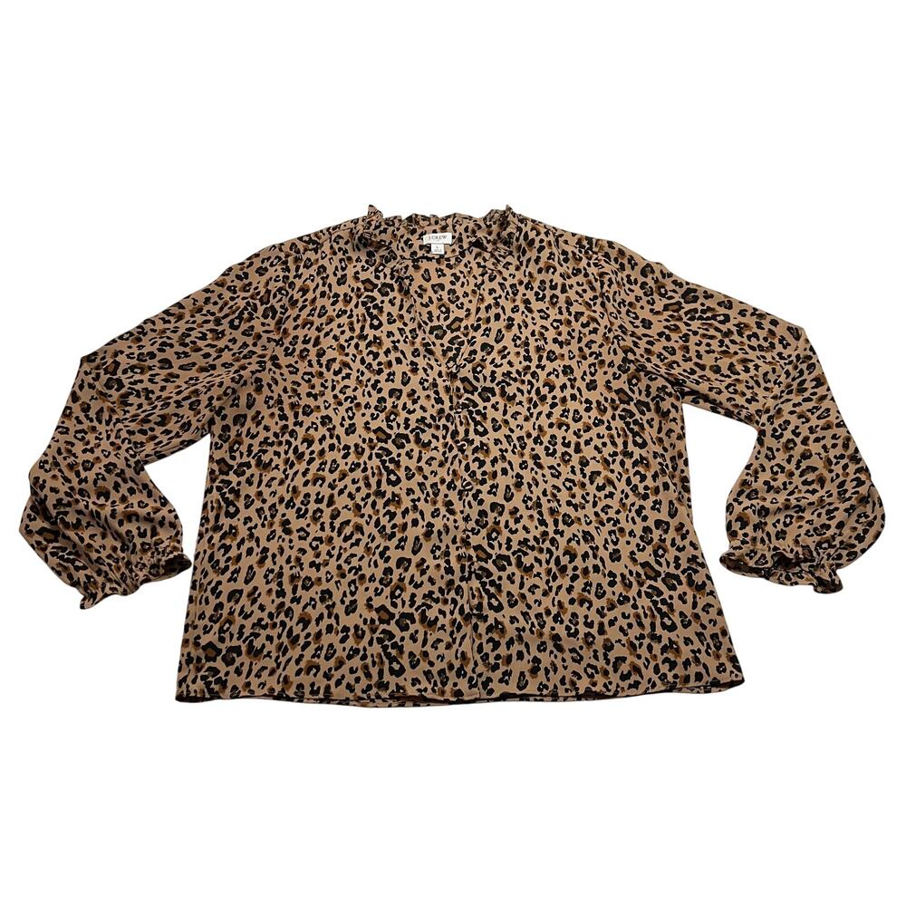 J. Crew V-Neck Printed Ruffle Neck Button Up Top Size L Animal Maximalist Boho